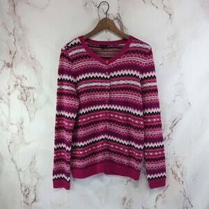 Talbots Cardigan Womens Medium Pink Lambs Wool Sweater Fair Isle Stripe Nordic